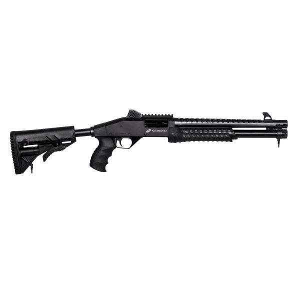 ESPINGARDA CBC PUMP MILITARY 3.0 CORONHA RETRÁTIL CALIBRE 12 CANO 14″ COM ACESSÓRIOS
