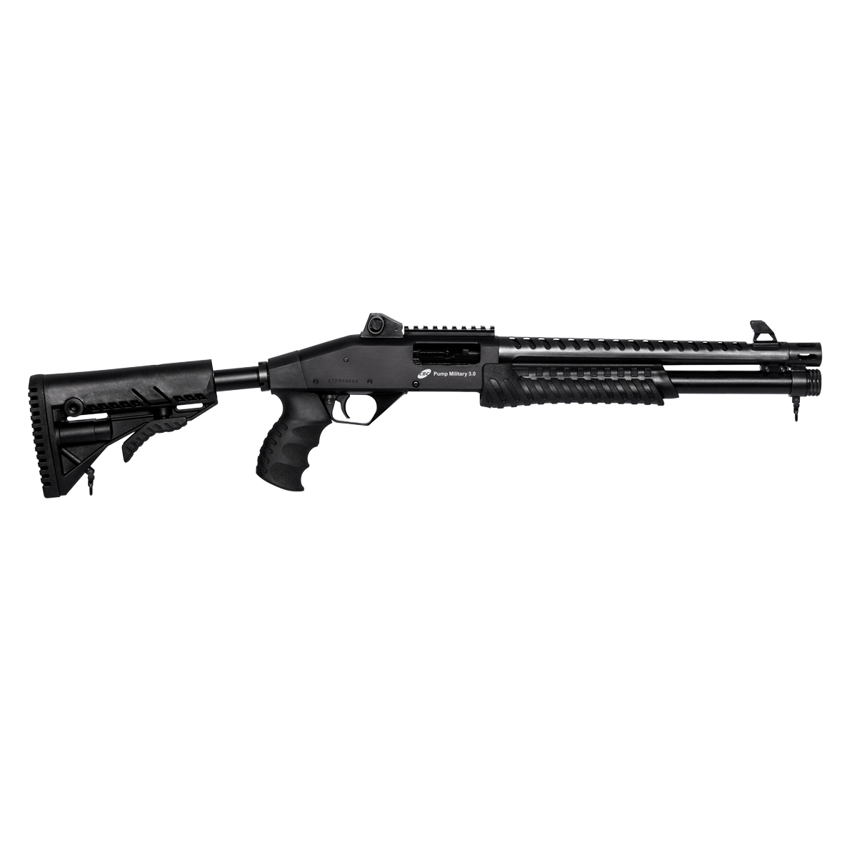 ESPINGARDA CBC PUMP MILITARY 3.0 CORONHA RETRÁTIL CALIBRE 12 CANO 14″ COM ACESSÓRIOS